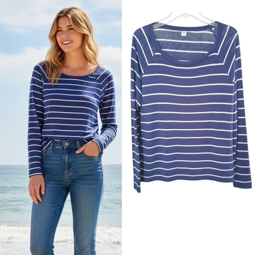 Old Navy Luxe Striped Tee XL Navy Blue White Scoop Neck Long Sleeve Soft Knit